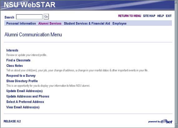 WebSTAR for Alumni Communication menu